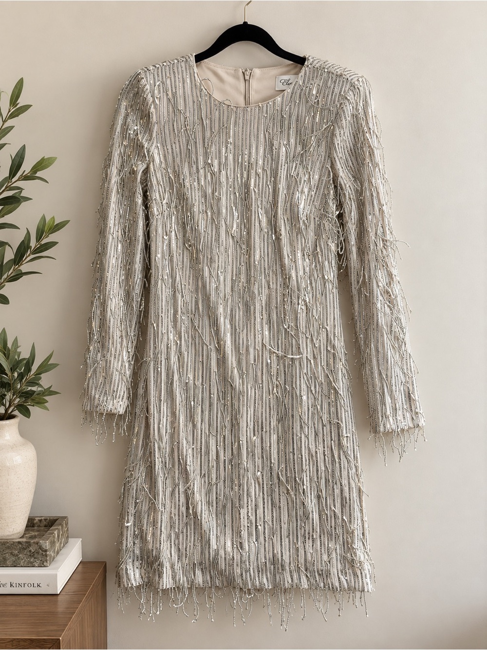 Eliza J Silver Beaded Long Sleeve Cocktail Dress